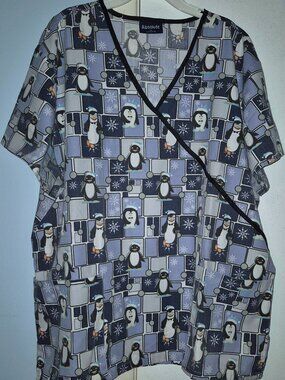 Absolute Uniform Scrub Top Winter Penguin Snowflake Pattern V-Neck SS Women's 2X